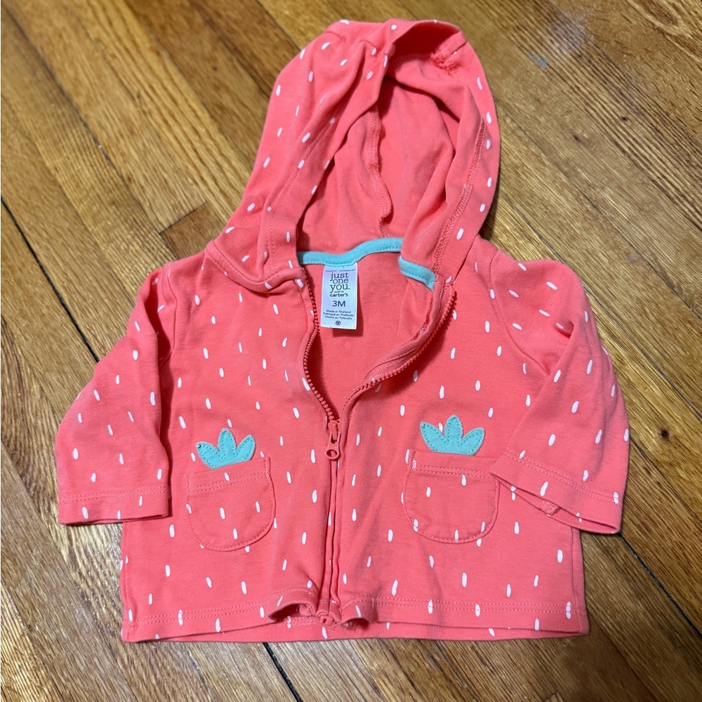 Coral Hooded Baby Jacket with Mint Leaf Appliqués